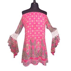 Bohemian Hippie Pink Paisley Off Shoulder Bell Sleeve Mini Dress Crochet Lace